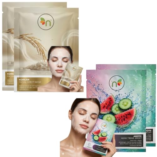 2 x Korean & 2 x Hydra Face Mask Sheet (Each 25g) | Hydrating & Brightening | Skin Firming & Glow | Removes Dark Spots & Pigmentation | Single Use Sheet Masks