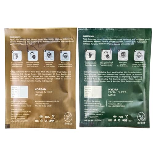 2 x Korean & 2 x Hydra Face Mask Sheet (Each 25g) | Hydrating & Brightening | Skin Firming & Glow | Removes Dark Spots & Pigmentation | Single Use Sheet Masks|B0GZ848PZP