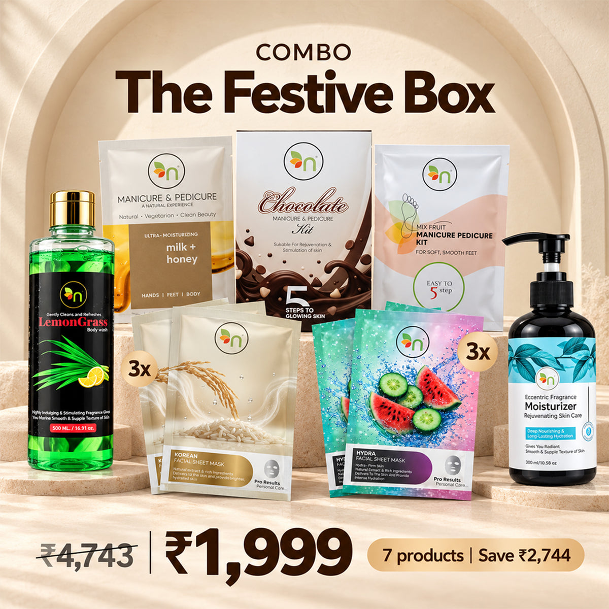 Combo The Fastive Box ( manicure pedicure milk honey & manicure pedicure chocolate & manicure pedicure mix fruit & body wash & korean mask x3 & hydra mask x3 & mosturizer )