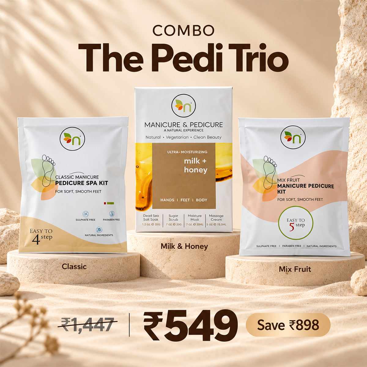 Combo The Pedi Trio ( classic manicure pedicure spa kit & manicure pedicure milk honey & manicure pedicure mix fruit )